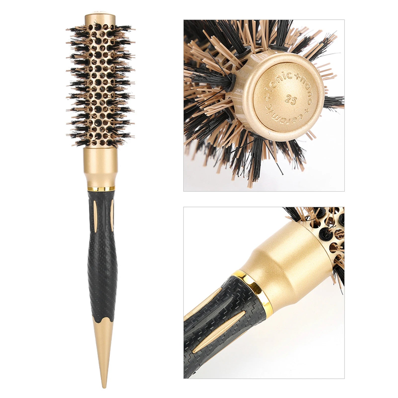 Tragbare antistatische Rundbürste mit Anionen – Salon-Stylingbürste in Gold & Schwarz