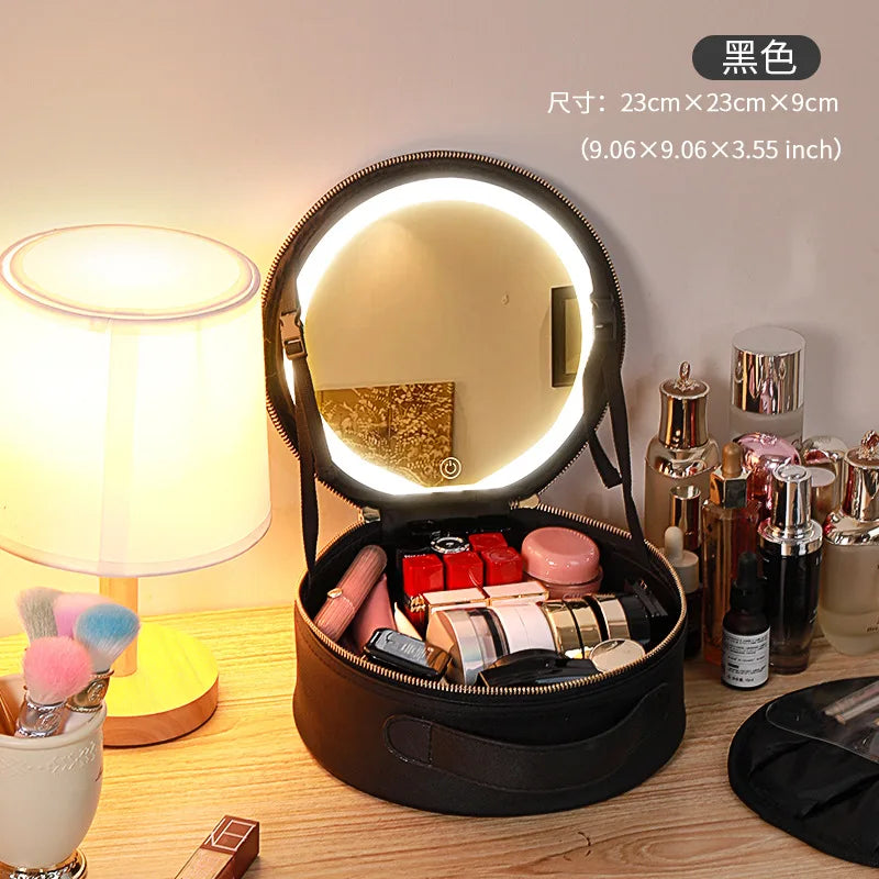 Make-up-Kosmetiktasche rund mit LED-Licht & Spiegel – Großes Fassungsvermögen für Reisen