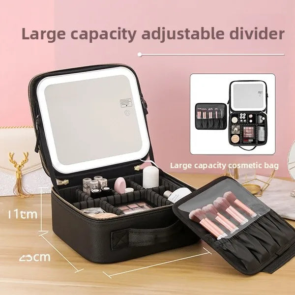 Make-up-Tasche mit großem Fassungsvermögen und LED-Spiegel, professioneller Aufbewahrungsorganisator für Make-up-Künstler, wasserdichte Kosmetiktasche aus PU-Material