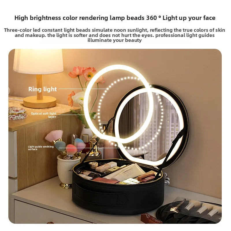 Make-up-Kosmetiktasche rund mit LED-Licht & Spiegel – Großes Fassungsvermögen für Reisen