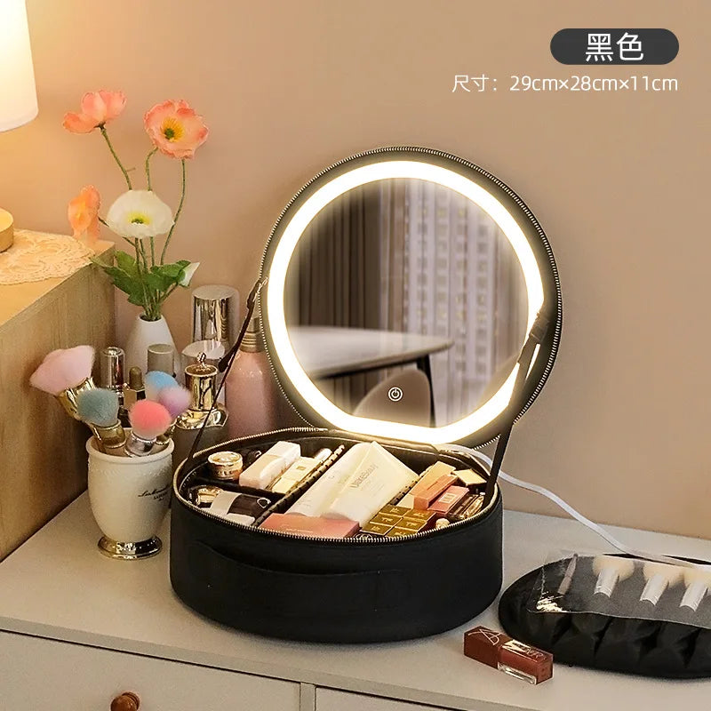 Make-up-Kosmetiktasche rund mit LED-Licht & Spiegel – Großes Fassungsvermögen für Reisen