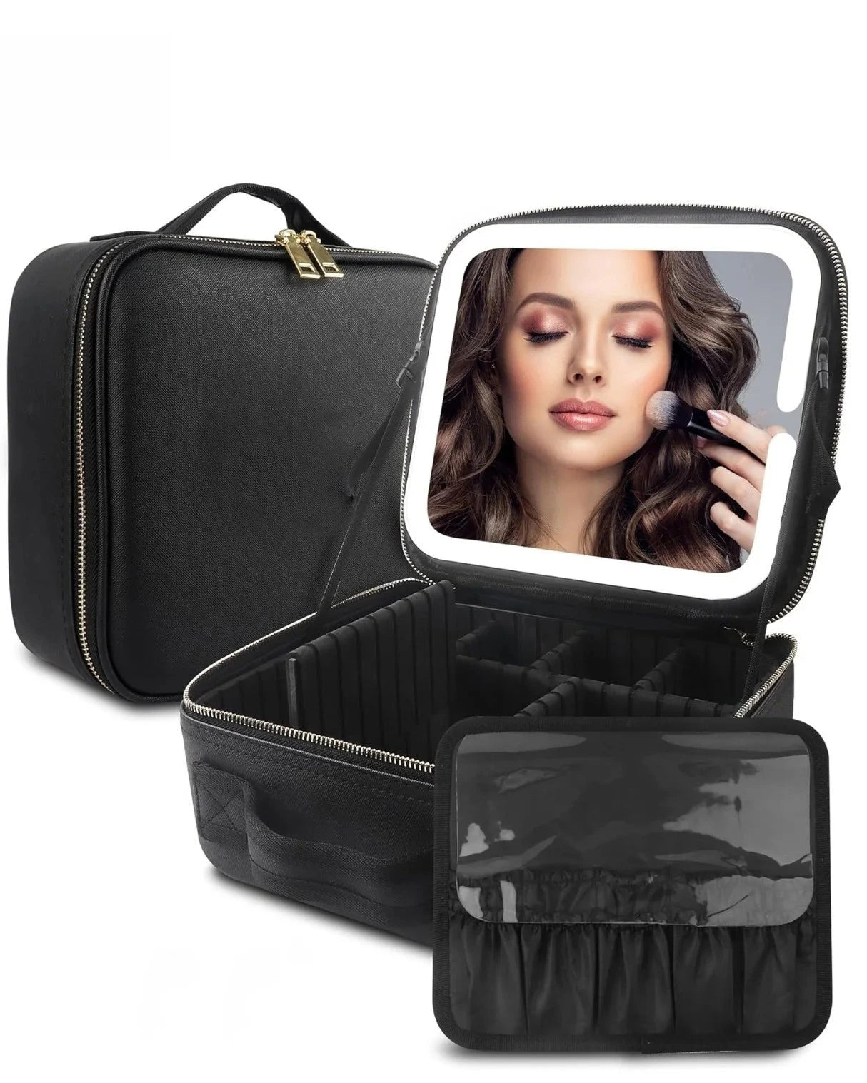 Make-up-Tasche mit großem Fassungsvermögen und LED-Spiegel, professioneller Aufbewahrungsorganisator für Make-up-Künstler, wasserdichte Kosmetiktasche aus PU-Material