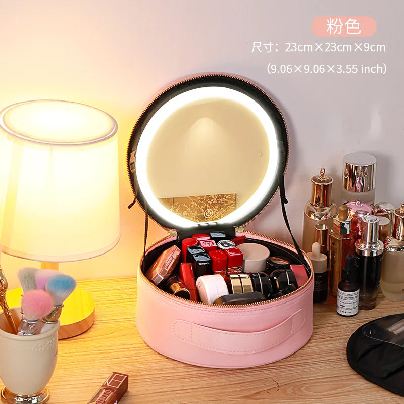 Make-up-Kosmetiktasche rund mit LED-Licht & Spiegel – Großes Fassungsvermögen für Reisen