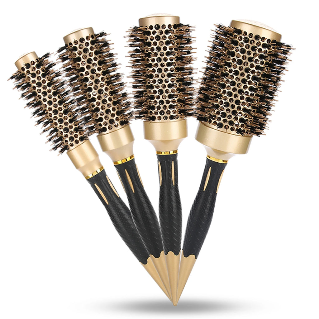 Tragbare antistatische Rundbürste mit Anionen – Salon-Stylingbürste in Gold & Schwarz