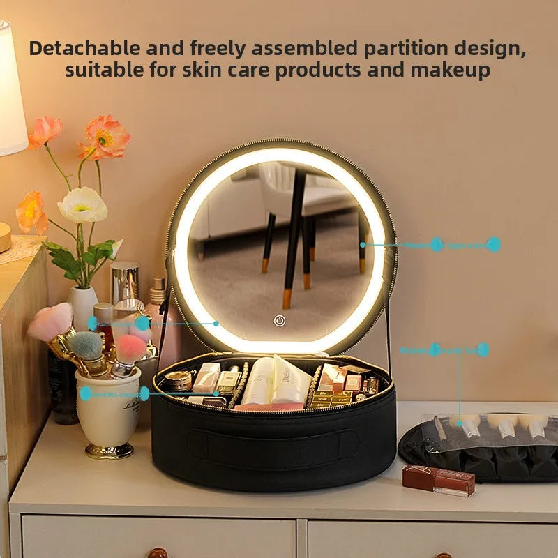 Make-up-Kosmetiktasche rund mit LED-Licht & Spiegel – Großes Fassungsvermögen für Reisen