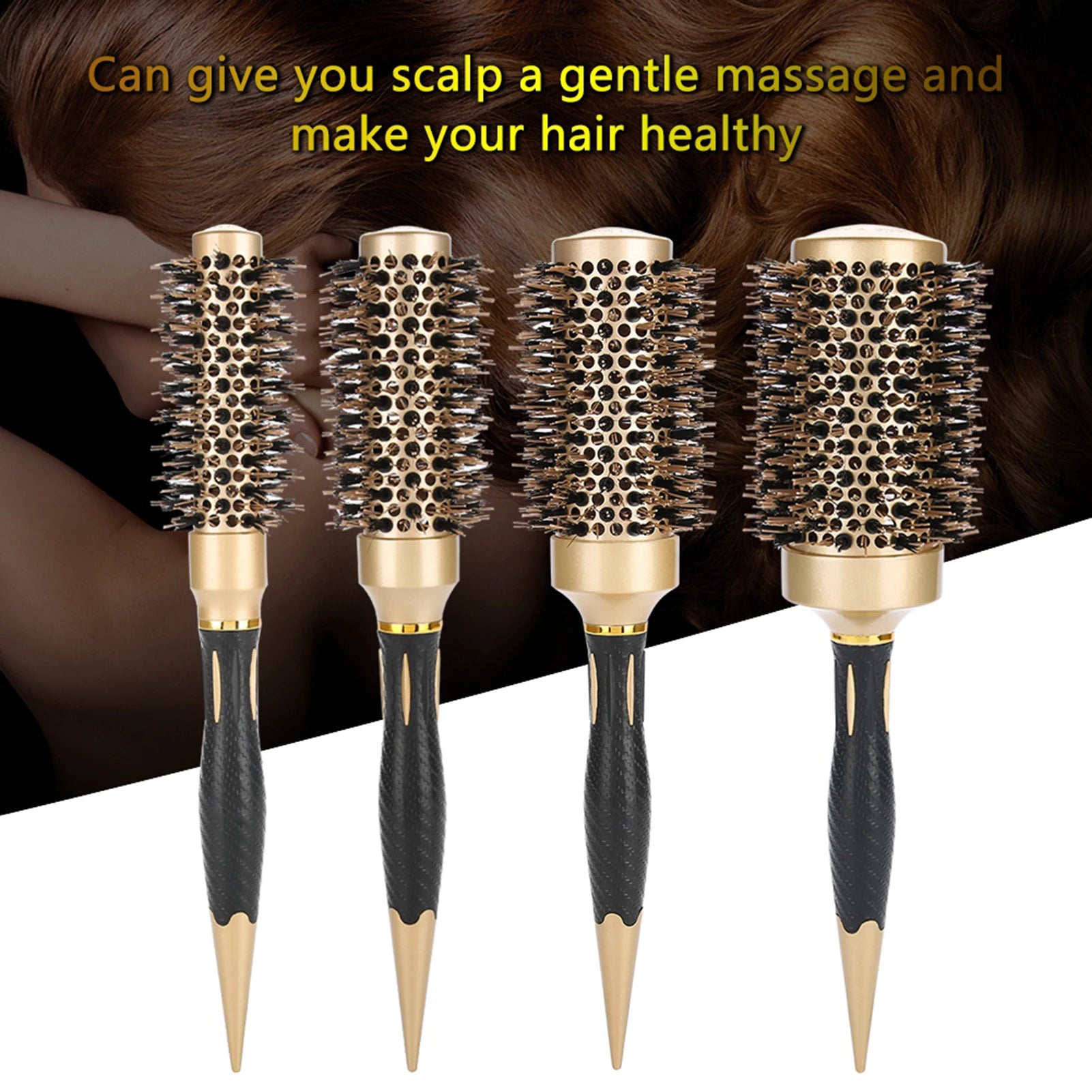 Tragbare antistatische Rundbürste mit Anionen – Salon-Stylingbürste in Gold & Schwarz