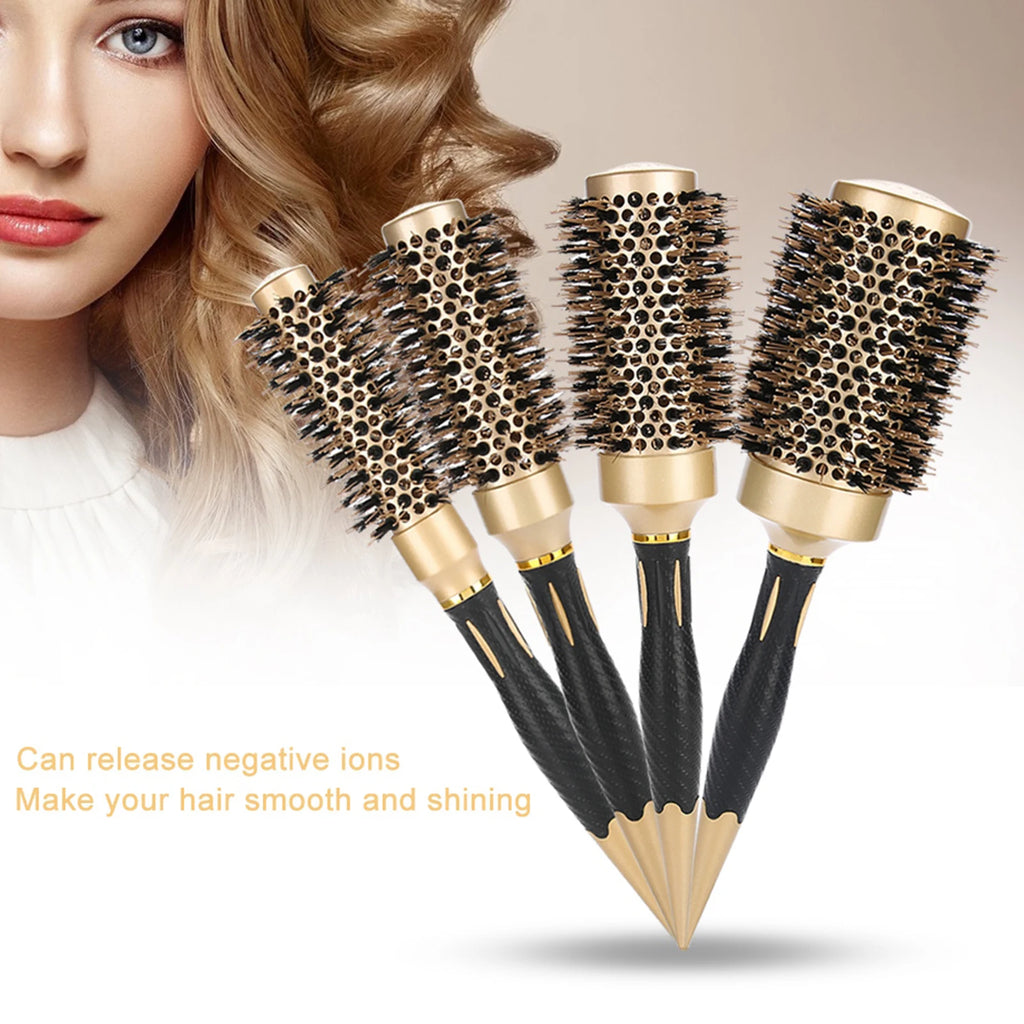 Tragbare antistatische Rundbürste mit Anionen – Salon-Stylingbürste in Gold & Schwarz