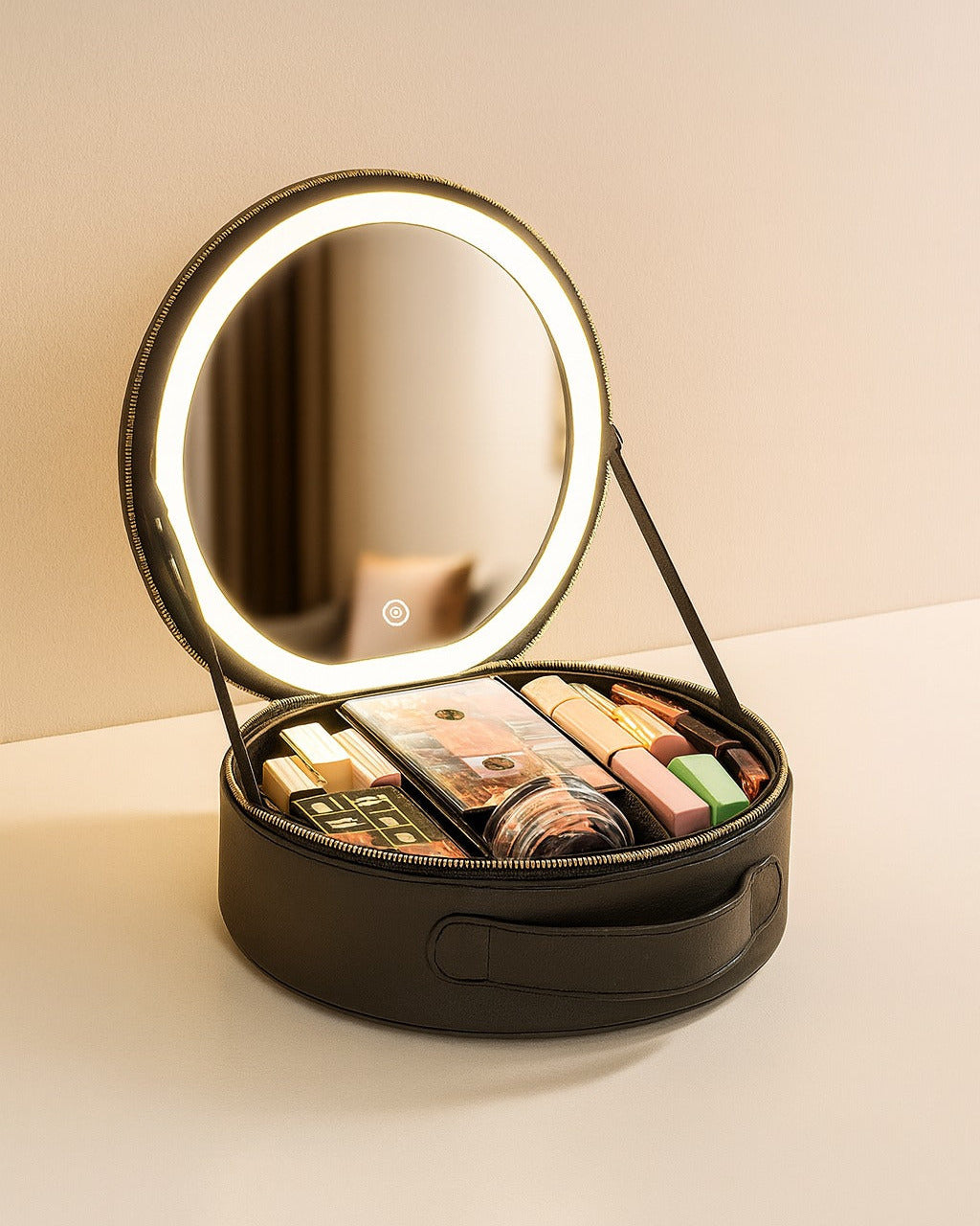 Make-up-Kosmetiktasche rund mit LED-Licht & Spiegel – Großes Fassungsvermögen für Reisen